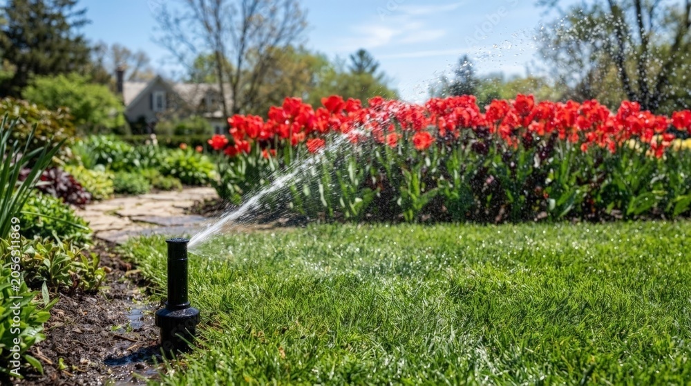 Obraz premium Colorful Flowers And Healthy Grass Maintained During Spring Season Inspection. Brightly Colored Tulips And Lush Green Grass Are Carefully Watered During Routine Spring Garden Maintenance