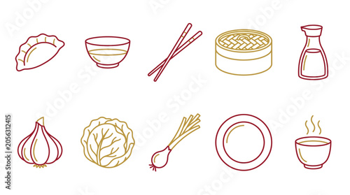 Bild auf Leinwand Collection of Chinese food icons including dumplings, bowls, chopsticks, and ingredients