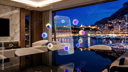 Floating transparent smartphone with glowing app icons overlooking calm illuminated coastal night waters
