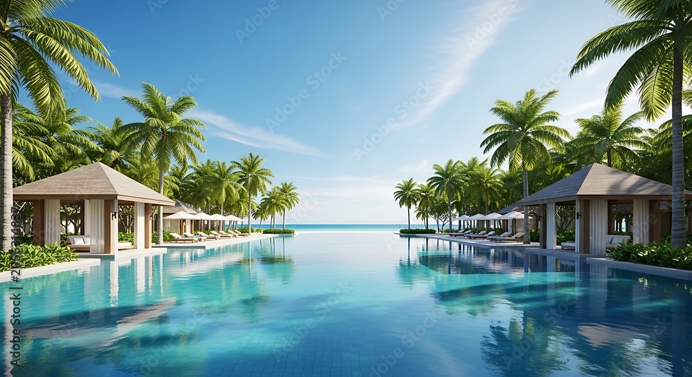 Fototapeta premium Stunning luxury tropical resort infinity pool with palm trees at a sunny beach