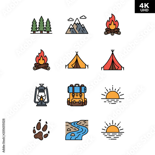 Nature camping and outdoor adventure icon set, hiking line art elements with camp gear and wild landscape
