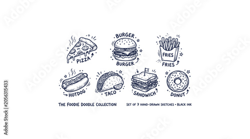 Hand drawn food doodle collection burger pizza taco hotdog donut