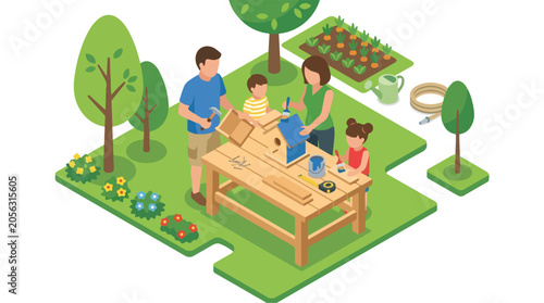 Birdhouse Family Backyard Diy Project Isometric Vector Illustration for Home Garden and Parenting Themes