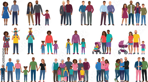 Diverse collection of multicultural family silhouettes couples and parents with children standing together for community concepts