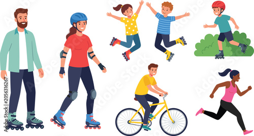 Happy family and children enjoying outdoor summer sports activities including roller skating cycling running and jumping illustration