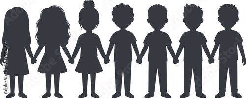 Картината върху платно Black silhouette of a diverse group of happy children holding hands together sym