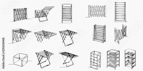 Fotografie Set of hand-drawn laundry drying racks and storage shelves in various positions and designs