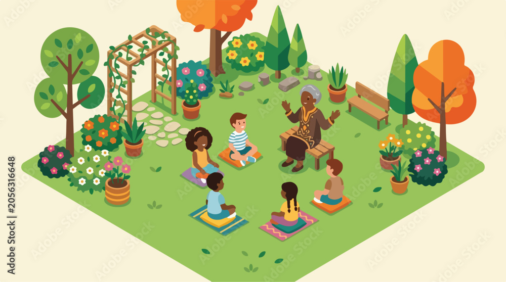 Naklejka premium Elder Storytelling Session in a Peaceful Garden for Children Learning Outdoors