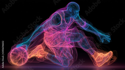 Glowing neon silhouette of basketball player dribbling ball in dynamic pose on black background