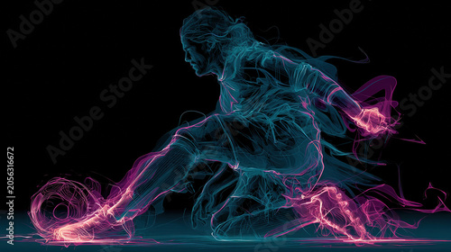 Glowing neon silhouette of soccer player kicking ball in dynamic pose on black background