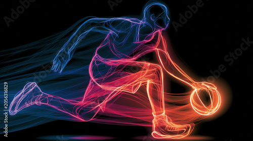 Glowing neon silhouette of basketball player running and dribbling ball on black background