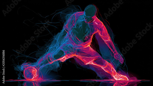 Glowing neon silhouette of soccer player reaching for ball in low stretch on black background