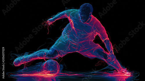 Glowing neon silhouette of soccer player reaching for ball in low stretch on black background