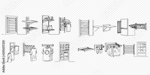 Obraz na plátně Laundry room furniture and accessories in continuous line art style, including shelves, drying racks, and washing machines