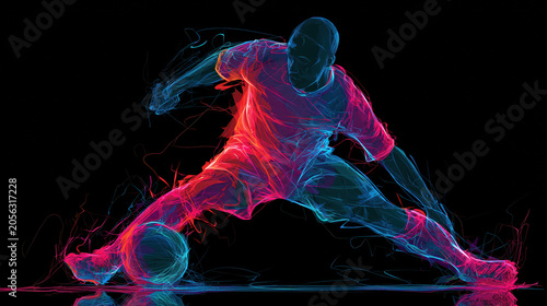 Glowing neon silhouette of soccer player reaching for ball in low stretch on black background