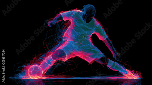 Glowing neon silhouette of soccer player reaching for ball in low stretch on black background