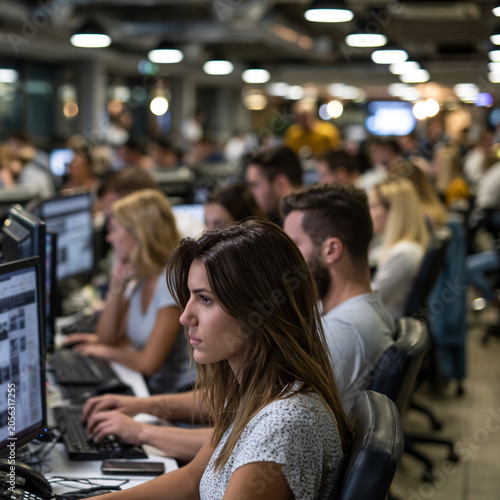 Employees working at computers in a busy open-plan office. Modern workplace environment with focus, teamwork, and daily business operations.