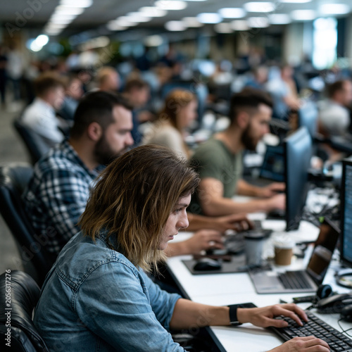 Employees working at computers in a busy open-plan office. Modern workplace environment with focus, teamwork, and daily business operations.