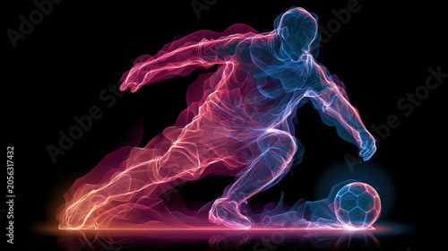 Glowing neon silhouette of soccer player dribbling ball in dynamic pose on black background