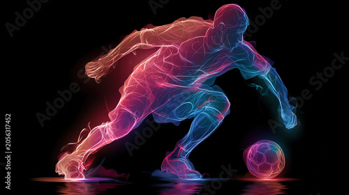 Glowing neon silhouette of soccer player dribbling ball in dynamic pose on black background