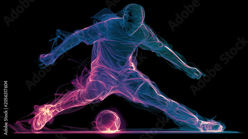 Glowing neon silhouette of soccer player kicking ball with powerful shot on black background