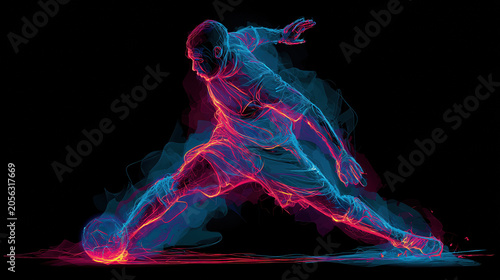 Glowing neon silhouette of soccer player reaching for ball in low stretch on black background