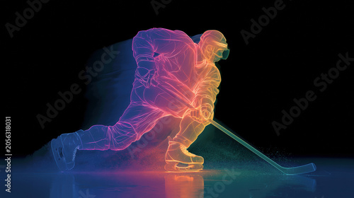 Colorful neon outline of ice hockey player skating with stick on dark black background