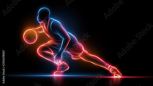 Glowing neon outline of basketball player dribbling ball in low stance on dark background