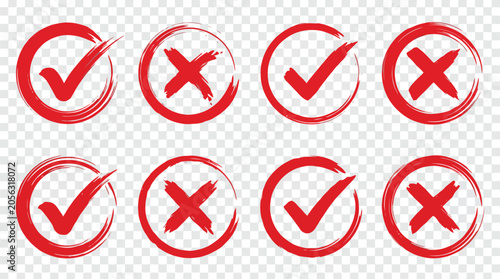 Red brush stroke check marks and cross symbols set, 8 hand drawn tick and x icons in circles, grunge painted validation signs for voting and surveys