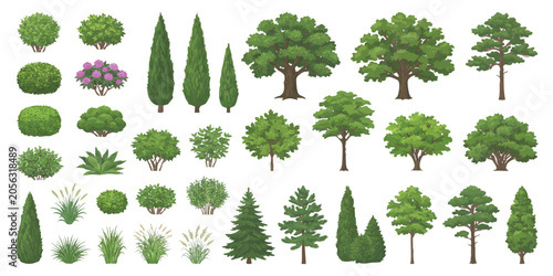 Obraz na płótnie Set of various green trees and small bushes for garden landscape design and park