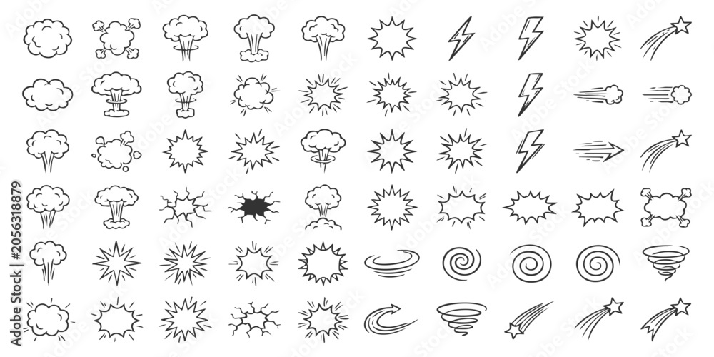 Fototapeta premium Set of hand drawn comic book explosion effect icons and doodle elements for action scenes and fast motion