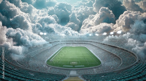 Surreal soccer stadium suspended in dramatic clouds above a vast sky, a dreamlike athletic arena