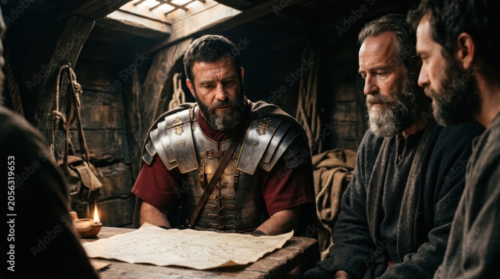 Fototapeta premium Roman centurion and ancient travelers sitting in ship cabin at wooden table studying paper map. Biblical scene depicting Acts of Apostles navigation meeting. Historical sea voyage journey.