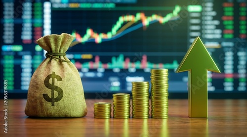 Financial growth icons with money bag and bar graph and increasing arrow