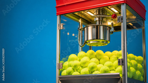Tennis balls inside popcorn machine, surreal sports and entertainment concept