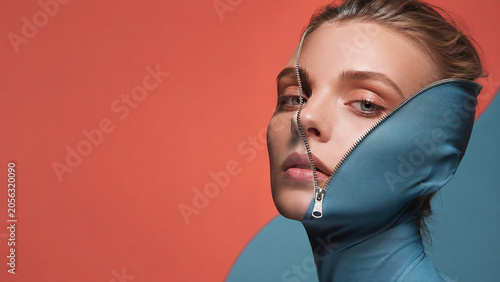 Woman with open zipper across face, identity and inner self surreal concept