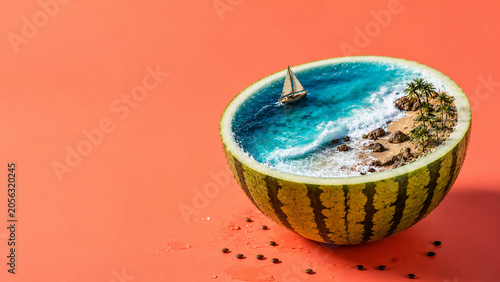 Watermelon with ocean and beach inside, surreal summer vacation concept