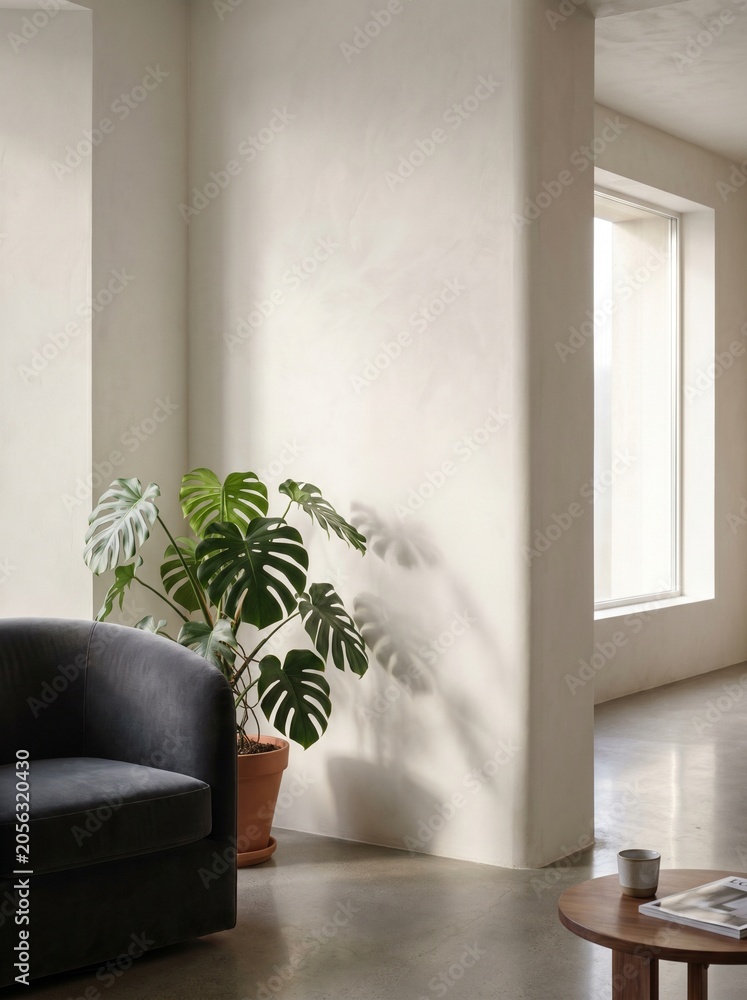 Fototapeta premium Minimalist cream colored room with dark sofa and large potted plant