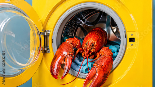 Sea lobster inside washing machine, surreal creativity and visual metaphor concept