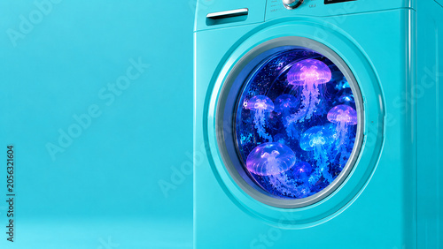 Glowing blue jellyfish inside pastel washing machine, surreal ocean imagination concept