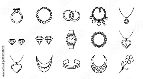Obraz na plátně Minimalist jewelry line art icons vector set featuring rings necklaces earrings