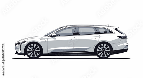 Modern white station wagon car profile, premium electric vehicle design, automotive.