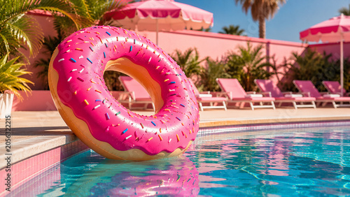 Pink inflatable donut in swimming pool, summer vacation and tropical lifestyle concept