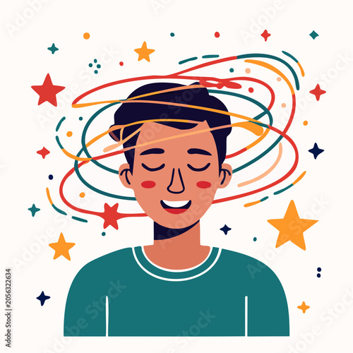 Person with swirling thoughts and stars around their head