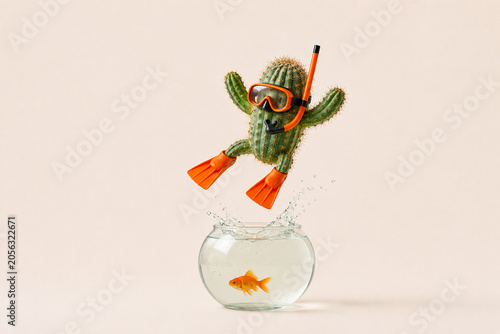 Cactus with diving mask and snorkel in fishbowl, surreal sustainability and resilience concept