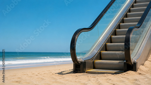 Escalator on beach under blue sky, surreal travel and future mobility concept