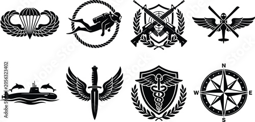 Cuadro en lienzo Military and special forces insignia set featuring paratrooper wings, scuba dive
