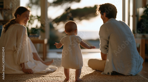 Baby taking first unsteady steps between two seated adults in a sunlit living room, arms outstretched for balance, both adults leaning forward ready to catch, first steps