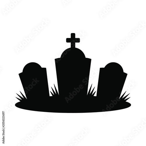 Triple tombstone silhouette on grass field grave markers icon for gothic cemetery.