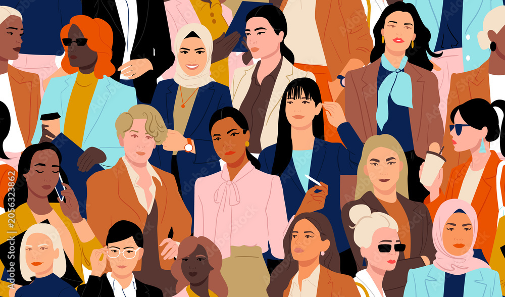 Obraz premium Female leadership and business diversity seamless pattern. Group of professional corporate businesswomen.